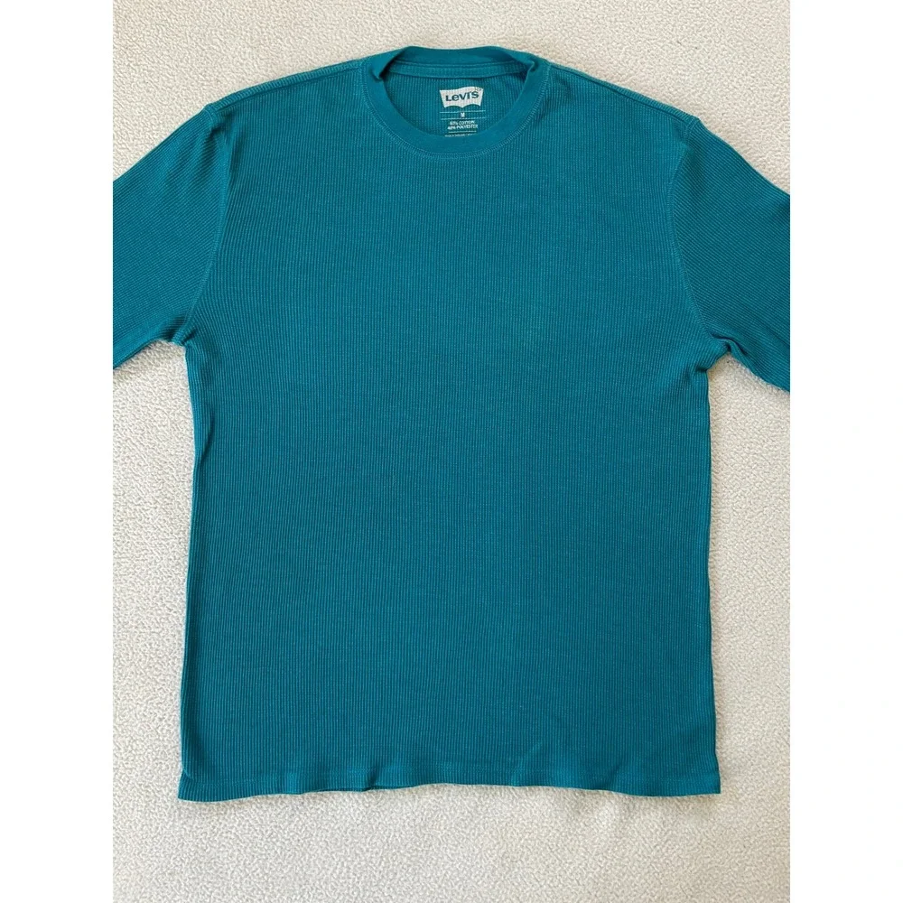 Levis Mens Medium Shirt Teal Waffle Knit Thermal Long Sleeve Crewneck Turquoise